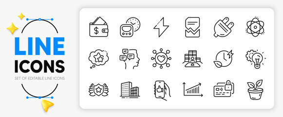 Like app, Card and Metro line icons set for app include Idea gear, Laureate, Buildings outline thin icon. Ranking stars, Charging time, Energy pictogram icon. Chart, Wallet, Inventory. Vector