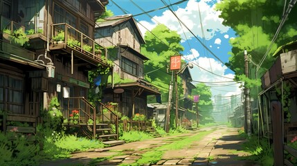 old anime town wallpaper concept - anime-style abandoned town illustration: serene daytime scenes with overgrown streets, wildflowers, and intricate characters, Generative AI