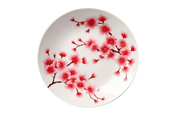 Porcelain Plate Adorned With Vibrant Handpainted Japanese Cherry Blossoms On Isolated Transparent Background, Png. Generative AI