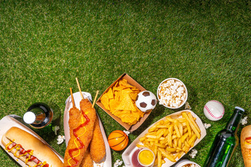 Traditional sport stadium foods and beer background, Set of various baseball, basketball, football...