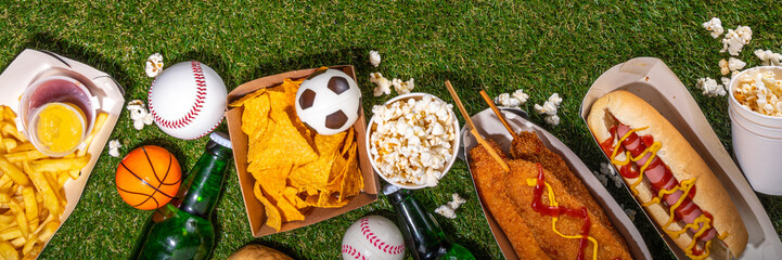Naklejka premium Traditional sport stadium foods and beer background, Set of various baseball, basketball, football fans and stadium snacks, chips, sauces, hot dogs with beer bottles and fan accessories 