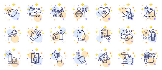 Outline set of Journey path, Teamwork and Buying house line icons for web app. Include Move gesture, Meeting, Auction pictogram icons. Stress, Hand, Group people signs. Strategy. Vector