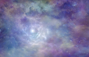 Obraz na płótnie Canvas Beautiful Celestial Heavenly cloudscape background - blue pink purple green lilac cloudscape with nebula depicting the heavens above ideal for spiritual healing theme 