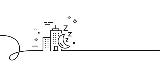 Night city line icon. Continuous one line with curl. Skyscraper sleep sign. Building with moon symbol. Night city single outline ribbon. Loop curve pattern. Vector