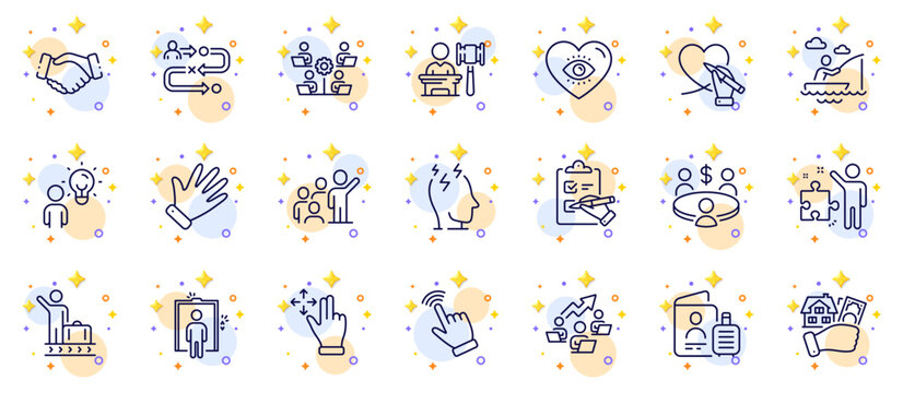 Outline Set Of Journey Path, Teamwork And Buying House Line Icons For Web App. Include Move Gesture, Meeting, Auction Pictogram Icons. Stress, Hand, Group People Signs. Strategy. Vector