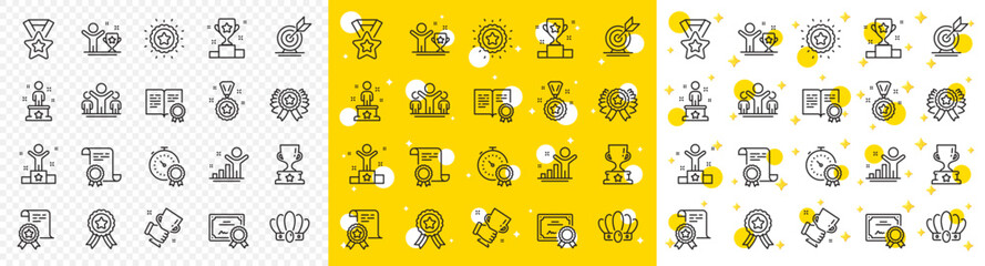 Winner cup, goal target, certificate. Success line icons. Reward, medal with ribbon, crown icons. Award, winner podium, first place success. Statue, diploma with certificate, challenge. Vector