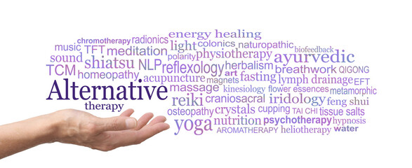 Choose from many different Alternative therapies word cloud - female therapist with open palm and an ALTERNATIVE THERAPY word tag cloud floating above against a white background
 - obrazy, fototapety, plakaty