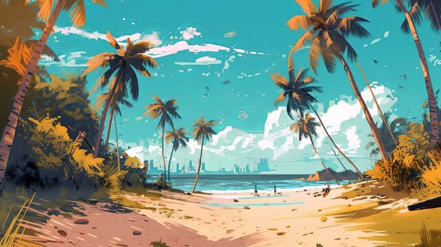 beach with palm trees, a wonderful beach scene at day with a lot of palms, anime manga style, wallpaper, Generative AI