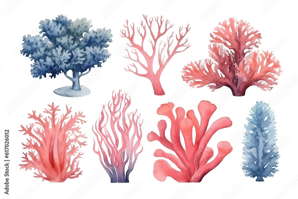 Canvas Prints Watercolor set of isolated objects drawing blue and pink algae and corals . Flat vector illustration isolated on white background