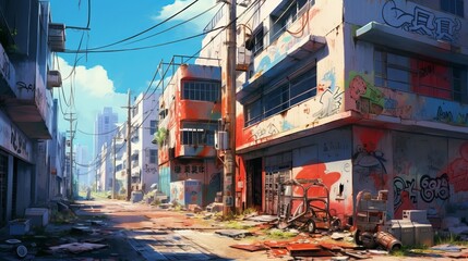 Naklejka premium Discover the enchanting world of an abandoned city in anime style - daytime delights - street in the town, wallpaper, Generative AI