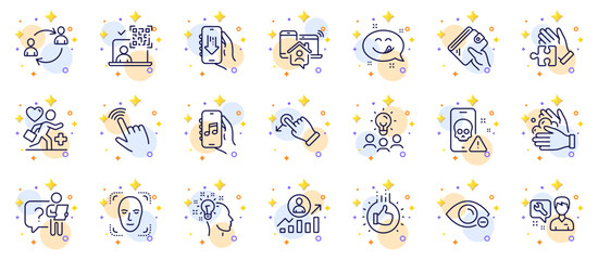 Outline set of Wash hands, Work home and Cursor line icons for web app. Include Wallet, Patient, Cyber attack pictogram icons. Like hand, Repairman, Career ladder signs. Circles with 3d stars. Vector