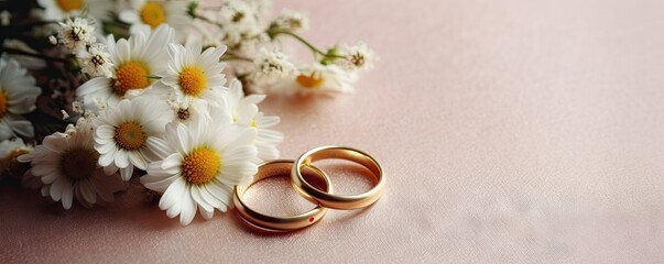 Fototapeta na wymiar Beauty of gold ring and rose wedding celebration, jewelry with romantic flowers, luxurious table background, love and romance on beautiful anniversary and valentine's day