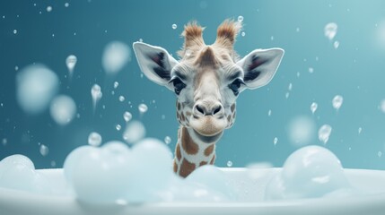 A minimalistic giraffe in a bath with soap bubbles. Generative AI - obrazy, fototapety, plakaty