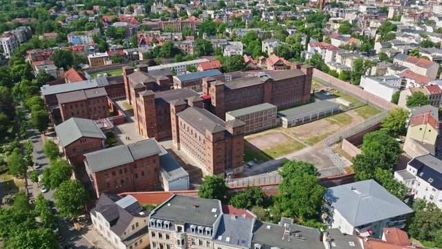 Drone shot of Gedenkst&auml;tte ROTER OCHSE Halle (Saale) , Germany . Roter Ochse ("The Red Ox", today JVA Halle I) is a prison in Halle (Saale)