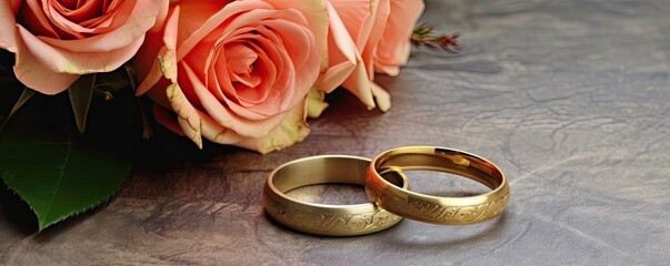 Beauty of gold ring and rose wedding celebration, jewelry with romantic flowers, luxurious table background, love and romance on beautiful anniversary and valentine's day