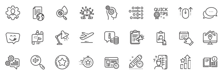 Fototapeta na wymiar Icons pack as Web timer, Dots message and Megaphone checklist line icons for app include Cogwheel, Event click, Survey outline thin icon web set. Work home, Thoughts, Professional pictogram. Vector