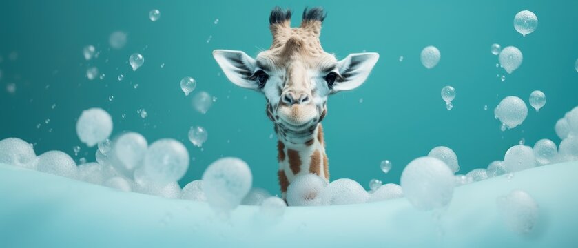 A minimalistic giraffe in a bath with soap bubbles. Generative AI
