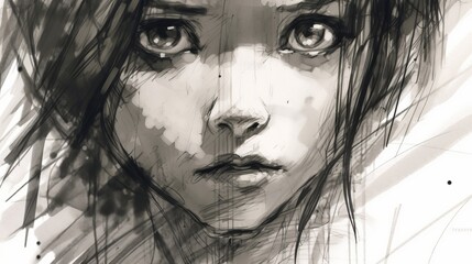 black and white portrait of a pretty women - simplicity in motion: an evocative anime sketch of emotion and movement, wallpaper, Generative AI