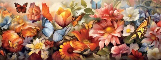 Fototapeta na wymiar Illustration capturing the beauty of nature with a mesmerizing blend of colorful flowers, leaves, and butterflies, evoking a sense of tranquility and wonder. Web banner backdrop. Generative AI
