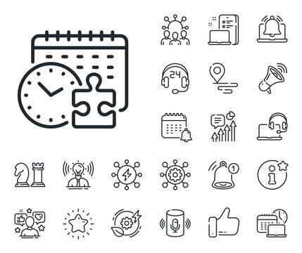 Jigsaw piece with clock sign. Place location, technology and smart speaker outline icons. Puzzle time line icon. Business challenge symbol. Puzzle time line sign. Vector
