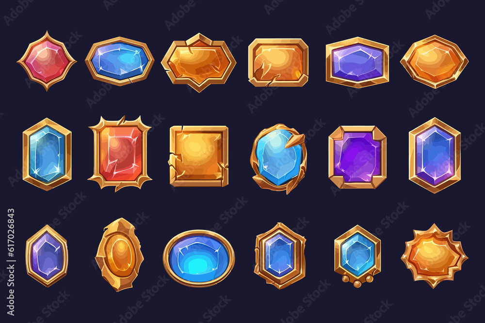Poster golden fantasy game border ui button frame design. flat vector illustration isolated on white backgr