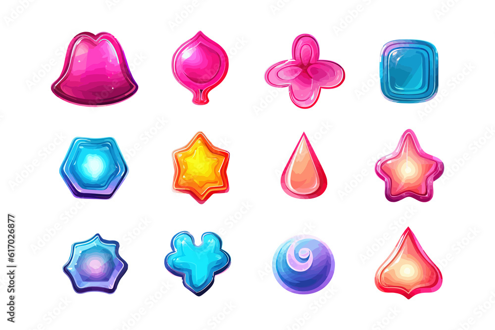 Poster jelly candy game ui cartoon glossy interface icon vector set. flat vector illustration isolated on w
