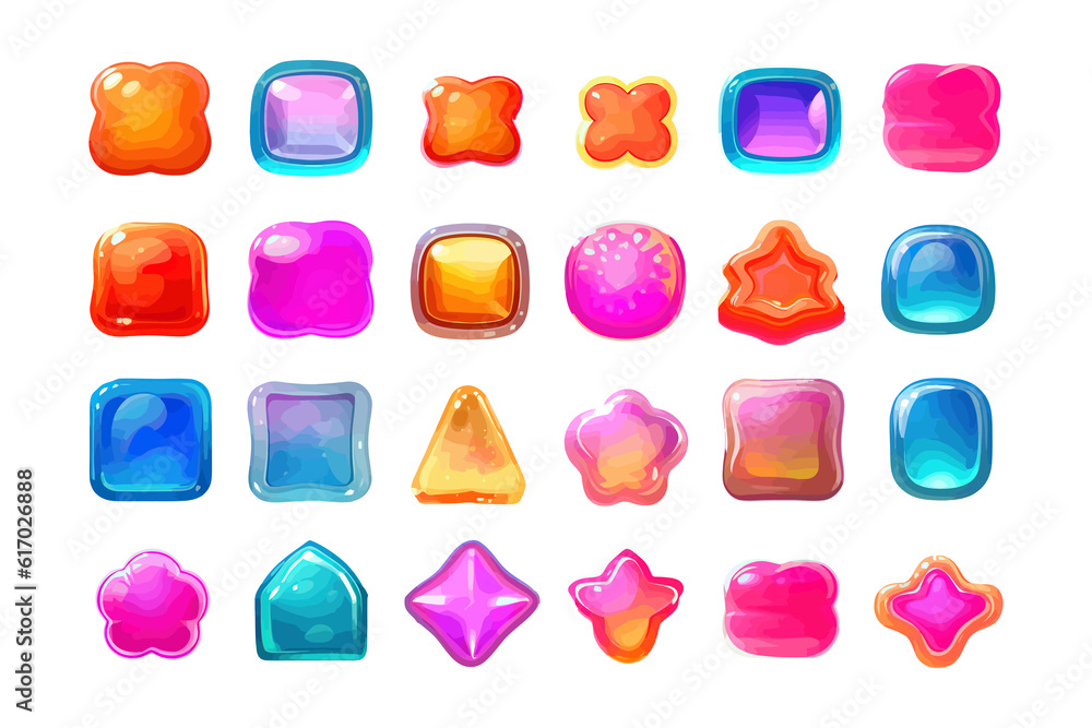 Poster jelly candy game ui cartoon glossy interface icon vector set. flat vector illustration isolated on w