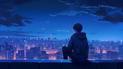 Nighttime reflections: lofi manga wallpaper of a sad yet beautiful scene with cityscape - person in front of the city, Generative AI - obrazy, fototapety, plakaty
