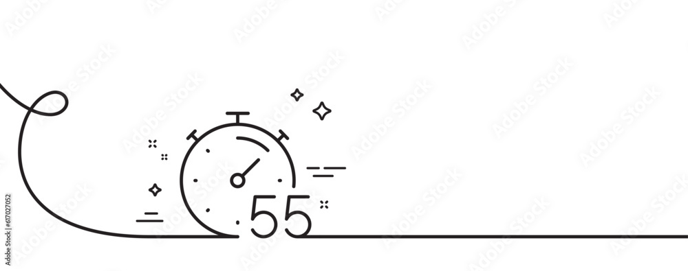 Poster timer 55 minutes line icon. continuous one line with curl. stopwatch time sign. countdown clock symb