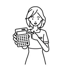 an esthetician, receptionist woman recommending, proposing, showing estimates and pointing a calculator with a smile