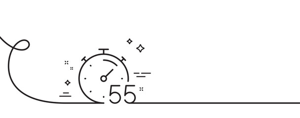 Timer 55 minutes line icon. Continuous one line with curl. Stopwatch time sign. Countdown clock symbol. Timer single outline ribbon. Loop curve pattern. Vector