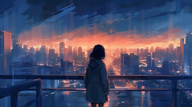 Anime cityscape at night: A moody yet beautiful 4K wallpaper of a cute woman embracing the urban night, wallpaper, Generative AI