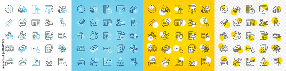 Poster vector icons set of versatile, armed robbery and discounts bubble line icons pack for web with calen