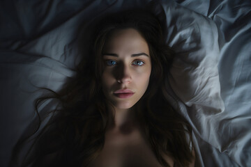 woman lying awake in bed staring at camera, made with generative ai