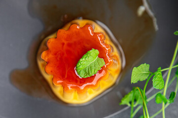 flan sweet dessert caramel taste  meal food snack on the table copy space food background rustic top view