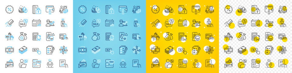 Vector icons set of Versatile, Armed robbery and Discounts bubble line icons pack for web with Calendar graph, Bid offer, Phone payment outline icon. Money change, Discount. Vector