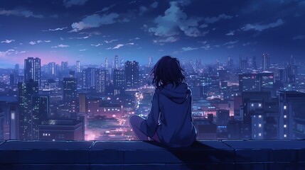 Anime cityscape at night: A moody yet beautiful 4K wallpaper of a cute woman embracing the urban night, wallpaper, Generative AI