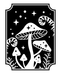 Fototapeta premium Magic mushrooms with fern leaves and stars. Black vector illustration