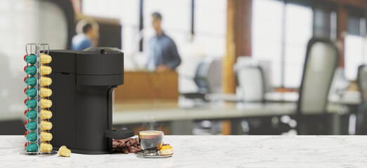 coffee capsules instant coffee machines in the office Coffee break for office workers modern coffee machine 3D illustration