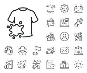 Laundry shirt sign. Salaryman, gender equality and alert bell outline icons. Dirty t-shirt line icon. Clothing cleaner symbol. Dirty t-shirt line sign. Spy or profile placeholder icon. Vector