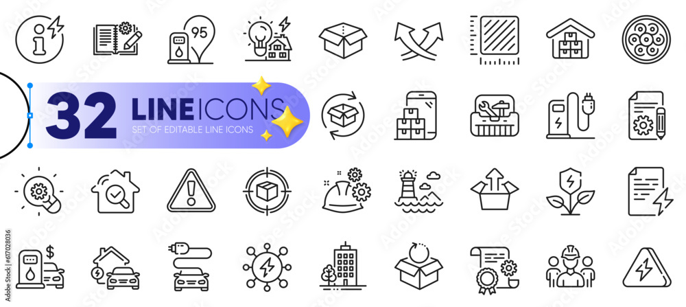Poster outline set of inspect, intersection arrows and building energy line icons for web with skyscraper b