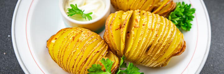 fresh baked potato slice accordion vegetable meal food snack on the table copy space food background rustic top view