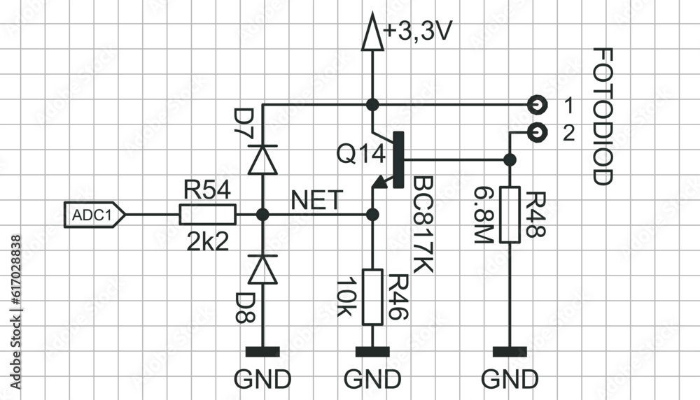 Aufkleber an analog circuit with electronic components (transistor, resistor, diode) connected by conductors. 