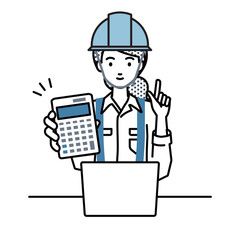 a woman working at construction sites recommending, proposing, showing estimates and pointing a calculator with a smile in front of laptop pc