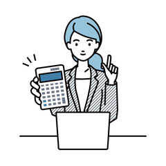 a woman in business suit style recommending, proposing, showing estimates and pointing a calculator with a smile in front of laptop pc