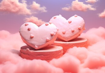 On a dreamy pink sky, two lovingly crafted pink heart-shaped cakes stand in perfect celebration of romantic love