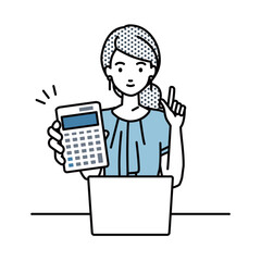 a woman in casual work style recommending, proposing, showing estimates and pointing a calculator with a smile in front of laptop pc