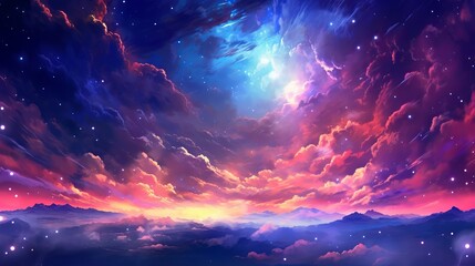 Fototapeta premium background with space - dreamlike sky view: anime wallpaper with beautiful flares and star falls, Generative AI