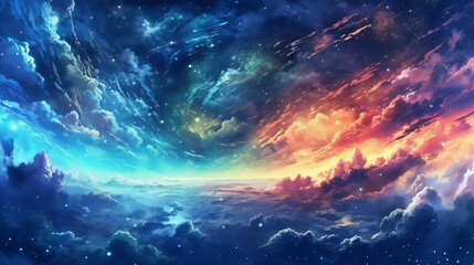 Heavenly star falls: Captivating anime sky wallpaper in digital art style, background with space - obrazy, fototapety, plakaty
