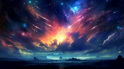 Fototapeta na wymiar Lights in the night sky, Heavenly star falls: Captivating anime sky wallpaper in digital art style, Generative AI